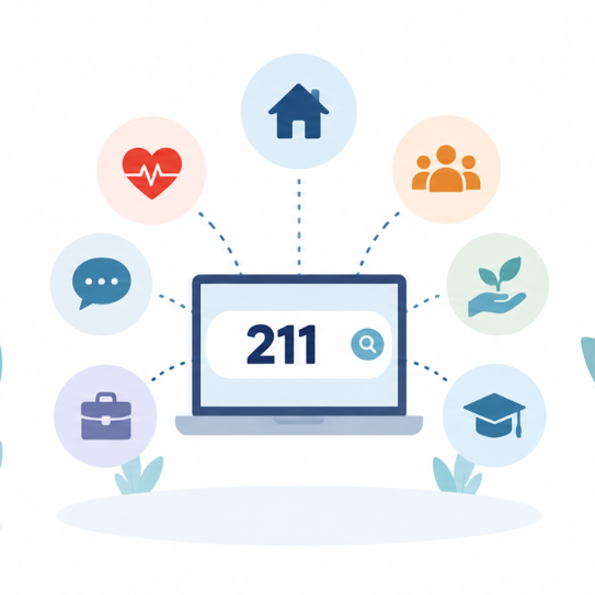Illustration of a laptop displaying 211, surrounded by icons representing community and social services