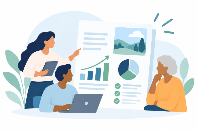 Illustration of three people reviewing an annual report featuring charts, graphs, and progress indicators
