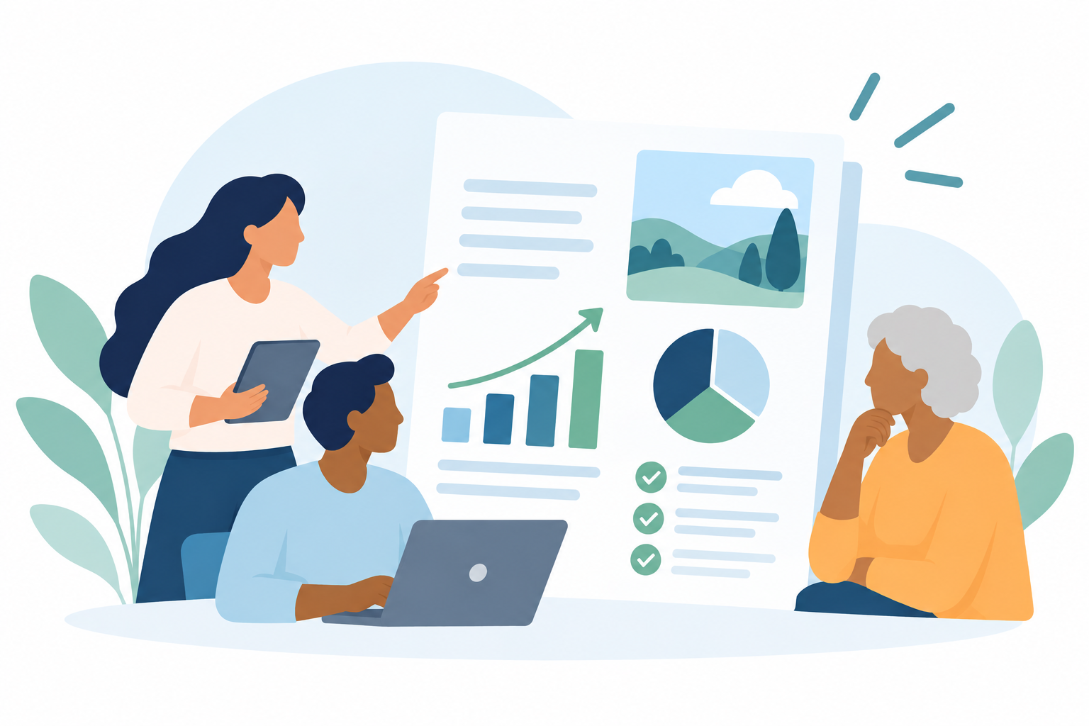 Illustration of three people reviewing an annual report featuring charts, graphs, and progress indicators.