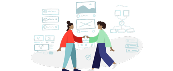 Illustration of two people using an interactive digital interface together