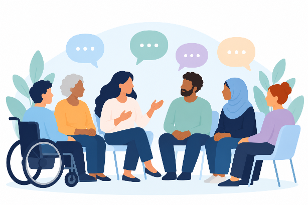 Illustration of six diverse community members sitting together, sharing ideas and perspectives.