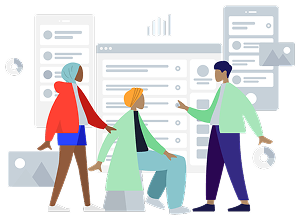 Illustration of three people using an interactive digital interface together