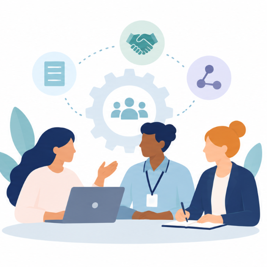 Illustration of three people collaborating around a laptop, representing teamwork and community partnerships