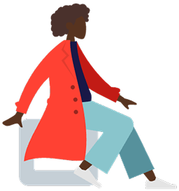 Illustration of a person in a red coat sitting on a grey square box